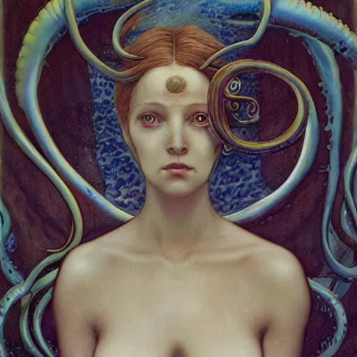 Image similar to eyes, tentacle-enabled underwater human descendant, futuristic painting by jim burns, edward burne-jones, dagon, hd 8k