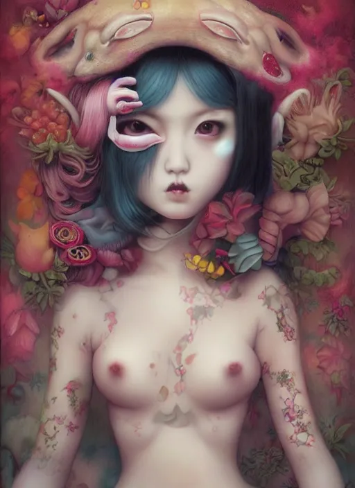Image similar to pop surrealism, lowbrow art, realistic cute japanese girl wearing bikini painting, japanese street fashion, hyper realism, muted colours, rococo, natalie shau, loreta lux, tom bagshaw, mark ryden, trevor brown style,