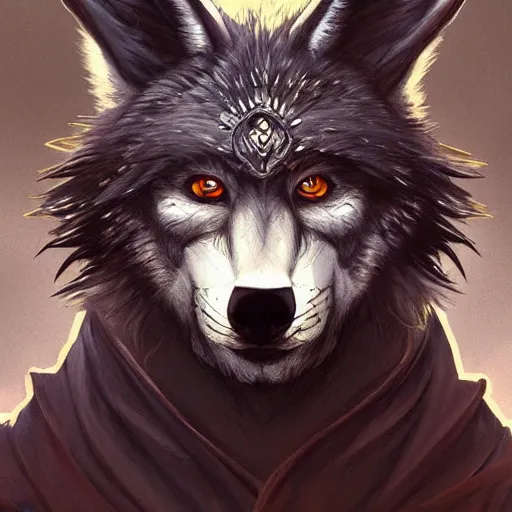 Image similar to 3/4 headshot of cute anthro wolf man, D&D, handsome, fantasy, intricate, long snout, donkey ears, fursona, black hair, elegant, highly detailed, digital painting, artstation, concept art, smooth, sharp focus, illustration, art by artgerm and greg rutkowski and alphonse mucha