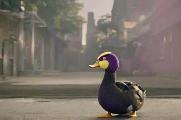 Image similar to duck wearing purple hat and cape and zoro mask by Roger Deakins