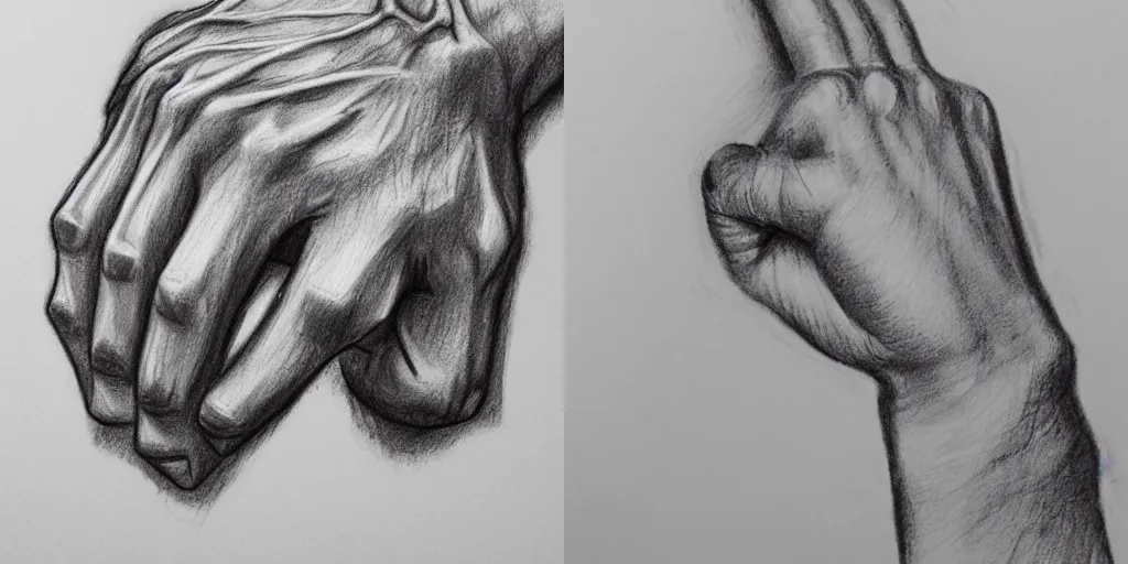 Prompt: a hand clenched into a fist, drawing reference, anatomically correct, pencil sketch