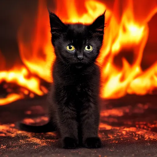 Image similar to extreme long shot of a cute black kitten engulfed in fire, burning, standing in fire, at night, award winning photo, high detail, atmospheric 8k