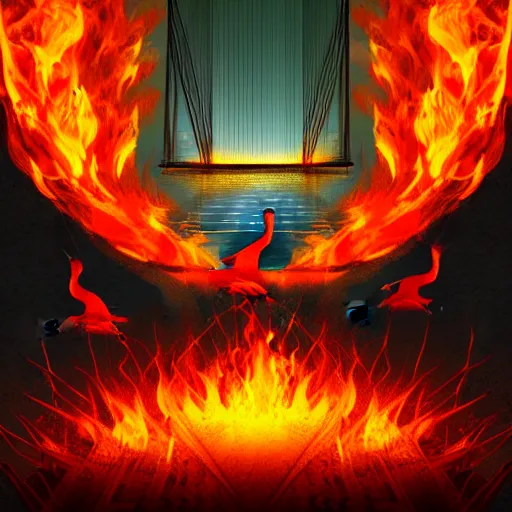 Image similar to in the lower part of the picture is the harp burning in the fire, above are cranes flying in flames, digital painting, concept art