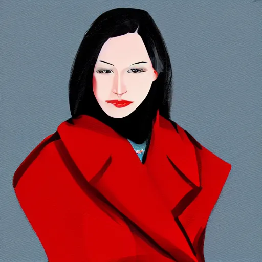 Image similar to frontal Portrait of a black haired woman with a red coat, digital painting