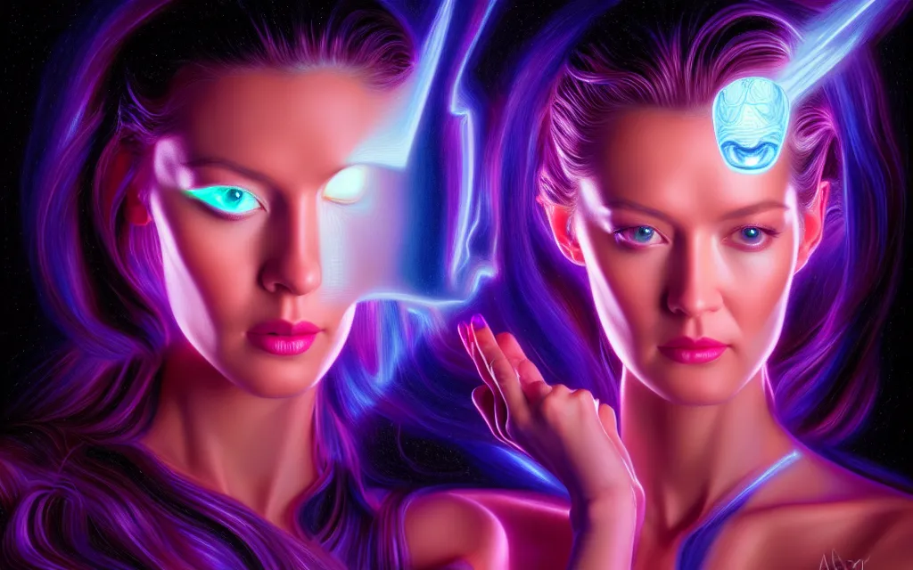 Image similar to beauty woman in holograms of alien artifacts, electrical case display, total recall tech, , ultrarealistic, dramatic lighting, electrical details, high details, 4k, 8k, best, accurate, trending on artstation, artstation, photorealism, ultrarealistic, digital painting, style of Alex Grey and Hajime Sorayama, Caravaggio, Boris Vallejo