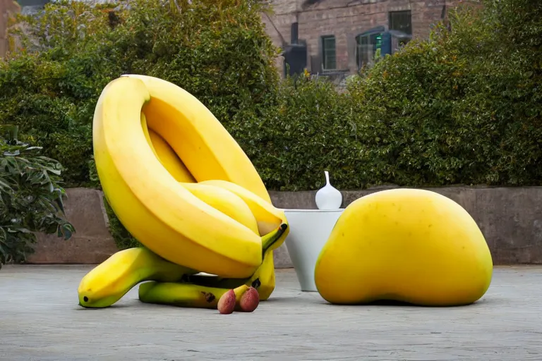 Prompt: a banana is sitting in an apple shaped chair, catalog photo