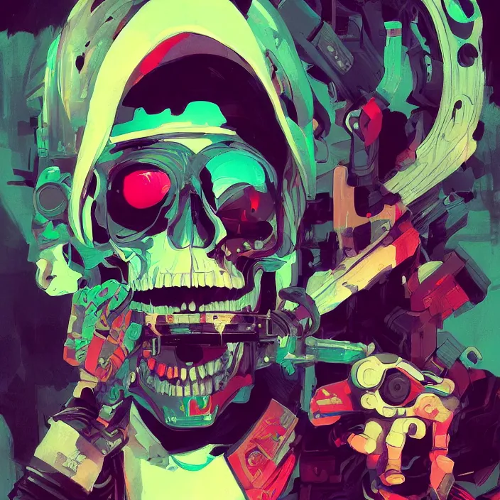 Prompt: a colorful comic noir illustration painting of a cyberpunk skull by sachin teng and sergey kolesov and artgerm and pascal blanche. in style of digital art, symmetry, sci fi, hyper detailed. octane render. trending on artstation