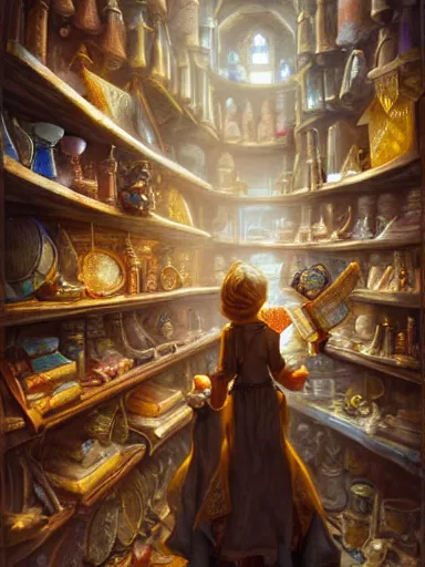 Image similar to a merchant looking for an item in a really messy shelf, full of different trinkets. intricate, elegant, highly detailed, digital painting, artstation, concept art, sharp focus, illustration, by justin gerard and artgerm, 8 k