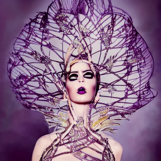 Prompt: a stunning photo of a beautiful female model wearing avant garde dress by rocky gathercole, high fashion, glamour pose, fashion photography, couture, intrinsic design, hyperrealistic