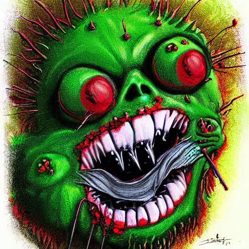 Image similar to a tennis ball monster ,tennis ball,zombie ,chalk digital art, fantasy, magic, trending on artstation, ultra detailed, professional illustration by Basil Gogos