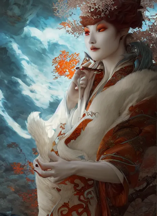 Prompt: white kitsune in autumn color kimono with art nouveau swirls, subsurface scattering, by jesper ejsing, justin gerard, tomasz alen kopera, cgsociety and fenghua zhong, highly detailed, rim light, cinematic lighting, illustration, art, octane render, very coherent, cinematic, hyper realism, high detail, octane render, 8 k