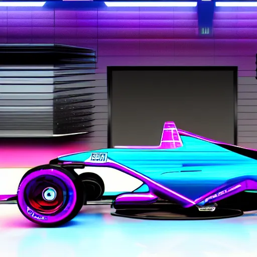 Prompt: detailed photo of a synthwave formula one car, 8 k.