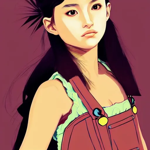 Image similar to a beautiful young japanese natalie portman alluring gravure model, stylized concept art, wearing elegant designer overalls, elegant overalls with mesoamerican patterns, mesoamerican native street fashion, princess mononoke, painted by jamie hewlett and ashley wood and mike mignola, aesthetic, gorgeous, stunning, alluring, attractive, artstation, pinterest, digital art