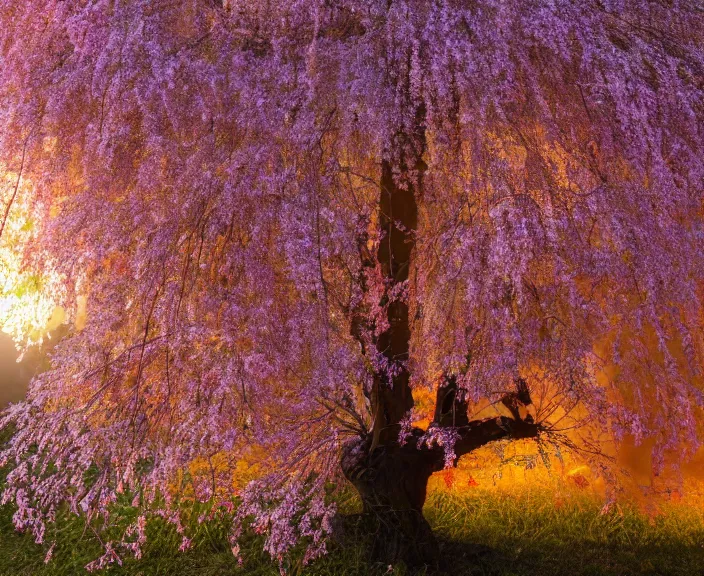 Prompt: 4 k hd, high detail photograph of blossoming tree surrounded by fire, shot with sigma f / 4. 2, 2 5 0 mm sharp lens, wide shot, consistent, volumetric lighting, high level texture render