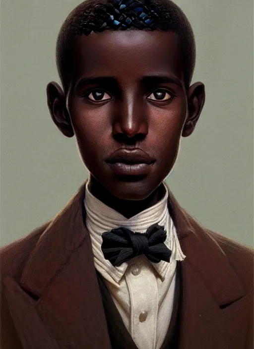 Image similar to a portrait of an sudanese boy with a crooked nose in victorian clothing, confident pose, intricate, elegant, sharp focus, illustration, highly detailed, concept art, matte, trending on artstation, anime, art by james jean and artgerm and brian despain and alberto mielgo, greg rutkowski, wlop, ilya kuvshinov, strong strokes