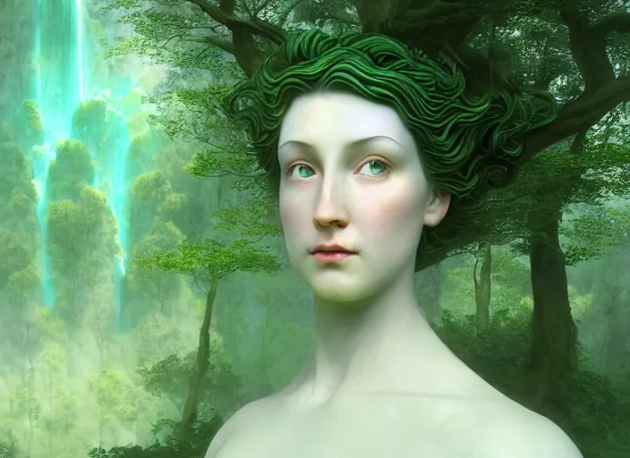 Image similar to a portrait of idealistic marble statue with fractal flowery hair and fair porcelain face and green eyes, in a magical forest, painted by, mc escher, gordon onslow ford, georgia o'keeffe and ivan aivazovsky, cinematic light, god rays, colourful, watercolour, unreal engine, zbrush central,