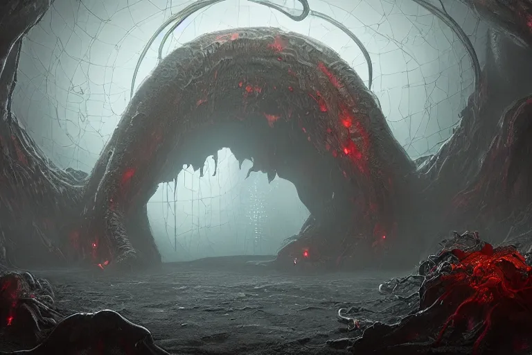Prompt: a giant lovecraft creature going through a hell portal, dark vives, volumetric mist, intrincate details, trending on artstation