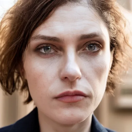 Prompt: head of a proud serious woman with brown hair and light eyes in a cybercity, wearing fashion suit, inside berghain, classic, photo 3 5 mm leica, hyperdetail, 8 k, very detailed, fine face