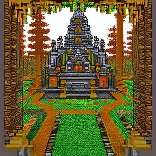 Image similar to temple hidden within the forest ancient magic, pixel art