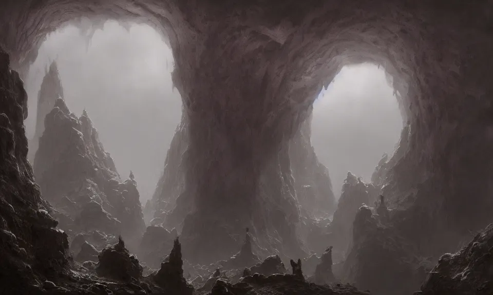 Prompt: A highly detailed 4K fantasy matte painting of a ominous cave, zdzislaw beksinski, ArtStation, CGSociety, Unreal Engine