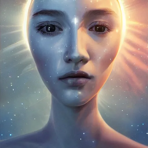 Prompt: sci - fi, close - up, 3 d, moon rays, night, sleepy fashion model face, clouds, cinematic, sun rays, vogue cover style, poster art, blue mood, realistic painting, intricate oil painting, high detail illustration, figurative art, multiple exposure, water, 3 d, by tooth wu and wlop and beeple and greg rutkowski