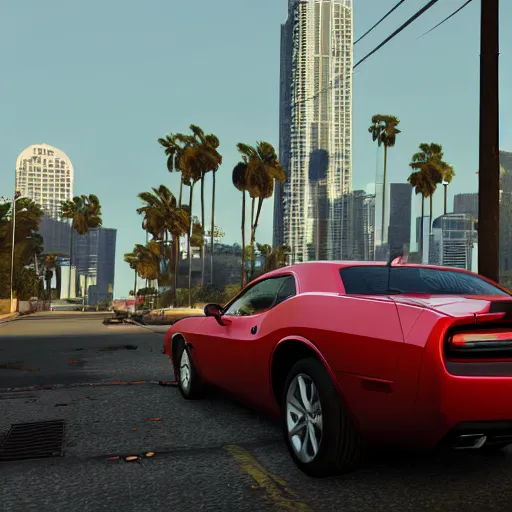 Prompt: still next - gen ps 5 game grand theft auto v 2 0 2 4 remaster, graphics mods, rain, red sunset, people, rtx reflections, gta v, miami, palms and miami buildings, screenshot, unreal engine, 4 k, 5 0 mm bokeh, close - up dodge challenger, gta vice city remastered, artstation