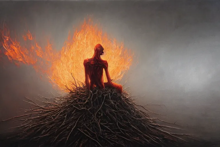 Image similar to Haunting horrifying hyperrealistic detailed painting of a skinny tall man sitting atop a giant throne of splinters in a foggy hellscape with spread out pools of orange glowing liquid and goop, eyeballs bulging, sparks of fire flying, dystopian feel, heavy metal, disgusting, creepy, unsettling, in the style of Michael Whelan and Zdzisław Beksiński, lovecraftian, hyper detailed, trending on Artstation