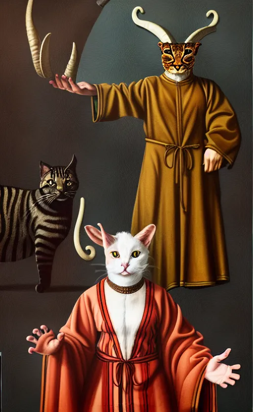 Image similar to a bipedal cat that has two goat horns, anthropomorphic cat that is wearing robes, matte oil painting, by jan van eyck, d & d, character reveal, fantasy, concept art, cosmic, magical, fog, noble, full body portrait, intricate, ornate, extremely detailed, cult, ritual, sharp focus, 4 k, 8 k