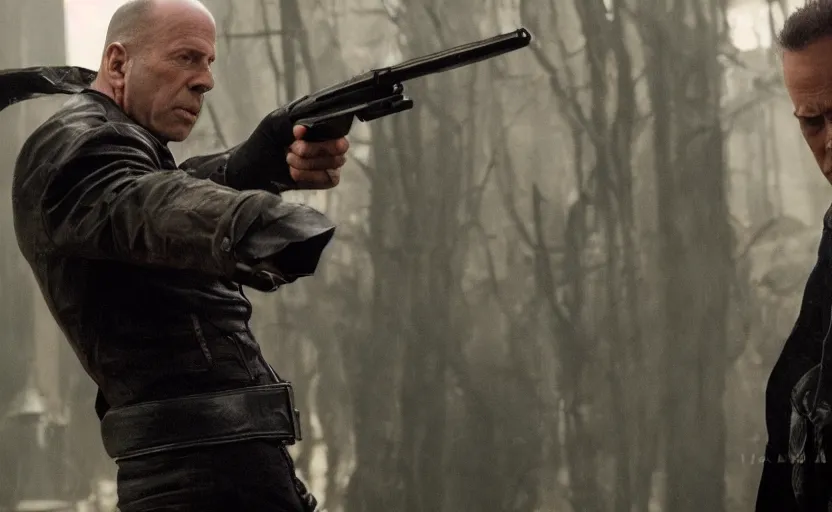 Image similar to photo of bruce willis future vampire hunter, gear up, ultra detailed, movie frame, cinematical composition, 4 k