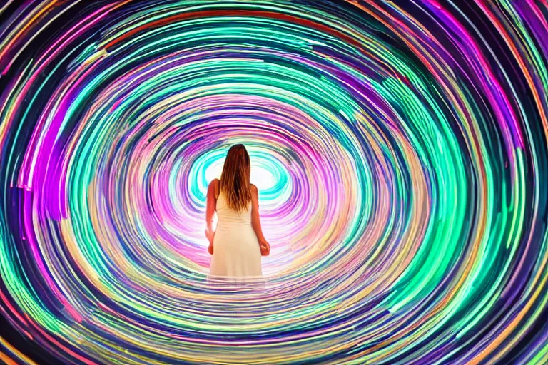 Prompt: A photograph of a woman standing in a spiral shape interior space with an arched door glowing white at the end, neon colors,F3.5,ISO640,18mm,1/60,Canon EOS 90D.