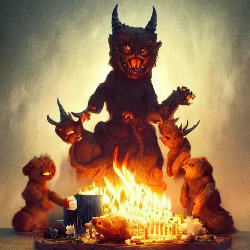 Prompt: the satanic birthday party. cute stuffed animals sacrificed for the devil. detailed digital art by greg rutkowski, thomas kinkade and keith parkinson, artstation, cgsociety, 8 k, hd