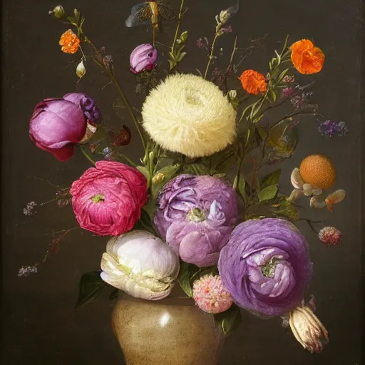 Image similar to still - life of bouquet of lilac and ranunculus with honeycomb bees and birds feathers, rachel ruysch, dark, moody