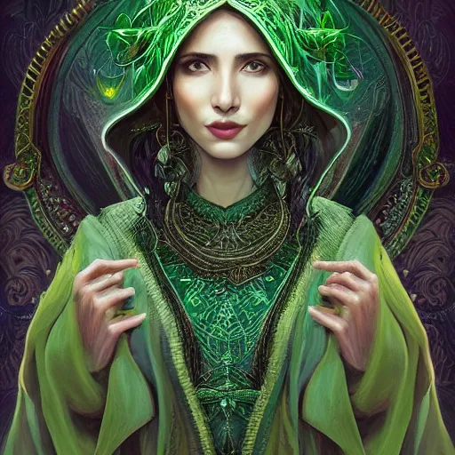 Prompt: head-on centered symmetrical painted portrait, Mahira Khan as a D&D wizard, intricate green fantasy robes, fantasy, intricate, elegant, highly detailed, digital painting, smooth, sharp focus, illustration, artstation, in the style of Artgerm and Anna Podedworna and Alex Ross