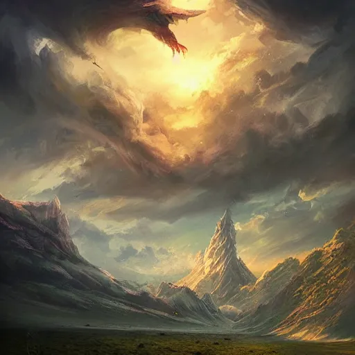 Prompt: fantasy book cover painting, dramatic shot of a lively landscape in the country by Ross Tran