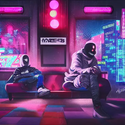 Image similar to ! dream stylish cartoon portrait of two hip hop artists in a club with designer clothes, throwing rubber bands in the air instead of money, made out of rain, cyberpunk background, rendered in octane, unreal engine, highly detailed, trending on artstation, realistic, splashes of neon, beautiful, depth of field, glowing eyes