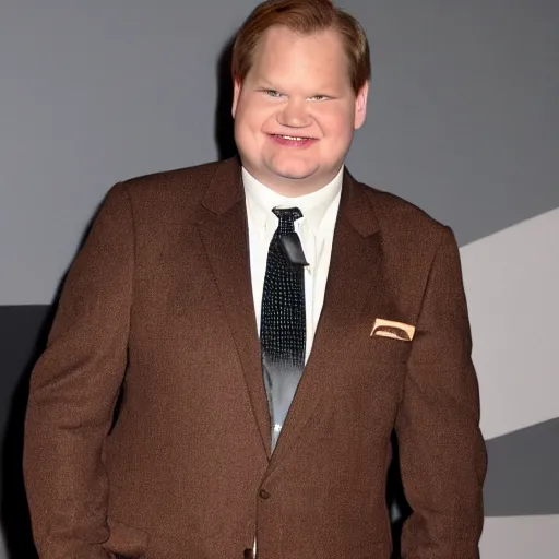 Image similar to Andy Richter is wearing a chocolate brown suit and necktie. Andy is standing under a running shower. The suit and necktie are soaking wet.