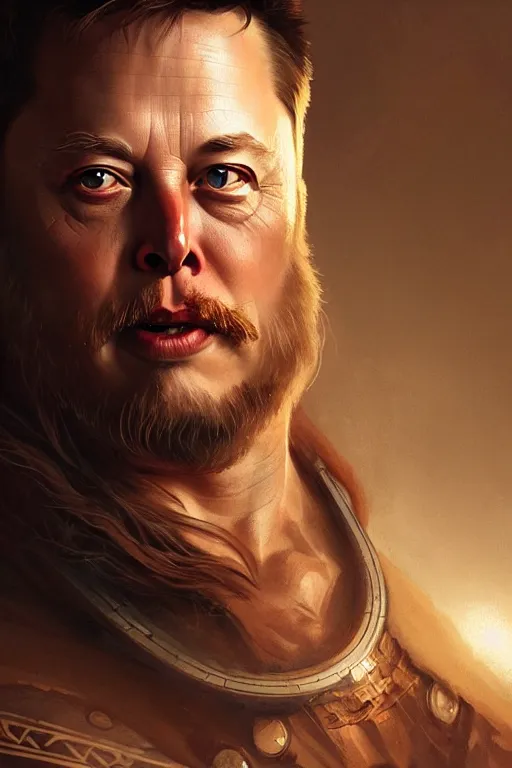 Image similar to elon musk as viking, portrait, face tattooed, highly detailed, digital painting, artstation, concept art, smooth, sharp focus, illustration, cinematic lighting, art by artgerm and greg rutkowski and alphonse mucha