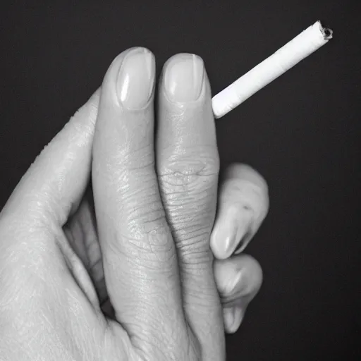 Prompt: Womans Hand Holding Lit Cigarette, professional portrait of hands, George Marks, sharp focus, hdr, caustic lights, volumetric lighting, atmospheric lighting