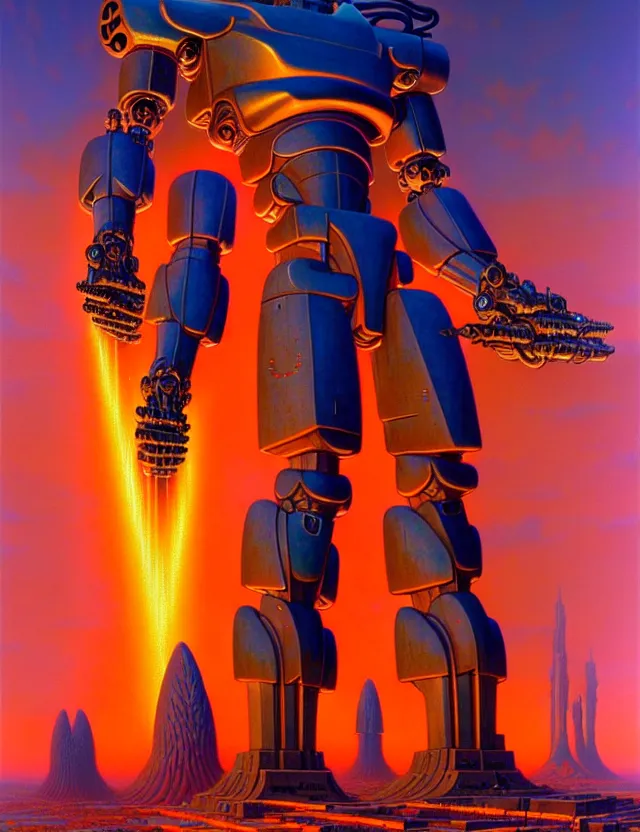 Prompt: a giant statue horus mecha, tim hildebrandt, wayne barlowe, bruce pennington, donato giancola, trending on artstation, cinematic composition, beautiful lighting, hyper detailed, 8 k, oil on canvas