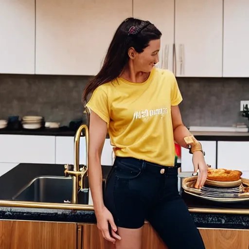 Image similar to a candid photo of a brunette female, young, athletic, australian, wearing a gold tshirt in a kitchen