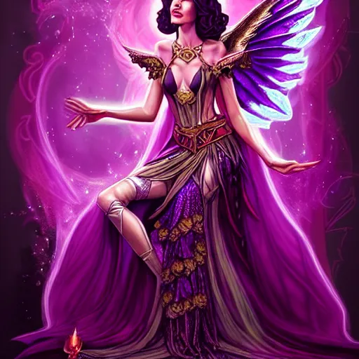 Image similar to Half Fey Princess sorceress with red flaming wings on her back and sitting on an ornate throne dressed in a fancy purple dress, Fantasy, Full Portrait, Planeswalker, Magic The Gathering, High detail, realistic, Liliana Vess