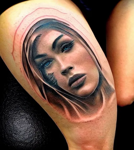 Prompt: realistic tattoo sketch of a megan fox face double exposure mountain scenery, in the style of matteo pasqualin, amazing detail, sharp, faded