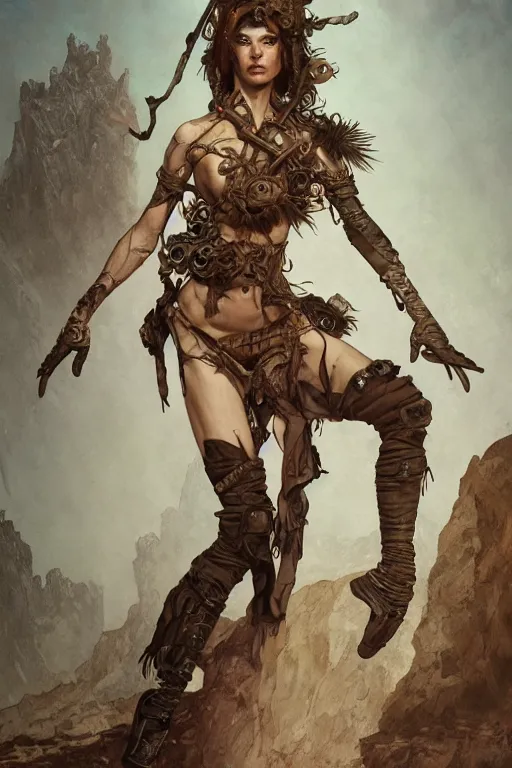 Image similar to a full body portrait of a beautiful post apocalyptic offworld desert savage rogue in ballet pose by the emerald oasis pools, intricate, elegant, highly detailed, digital painting, artstation, concept art, smooth, sharp focus, illustration, art by krenz cushart and artem demura and alphonse mucha