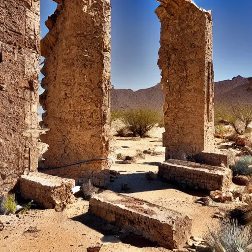 Prompt: Abandoned desert oasis ruins