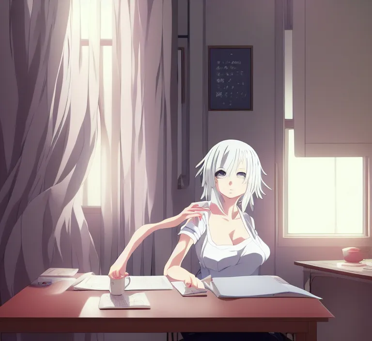 Prompt: anime visual, a young woman with white hair in her bedroom studying, cute face by ilya kuvshinov, yoshinari yoh, makoto shinkai, katsura masakazu, dynamic perspective pose, detailed facial features, kyoani, rounded eyes, crisp and sharp, cel shad, anime poster, ambient light