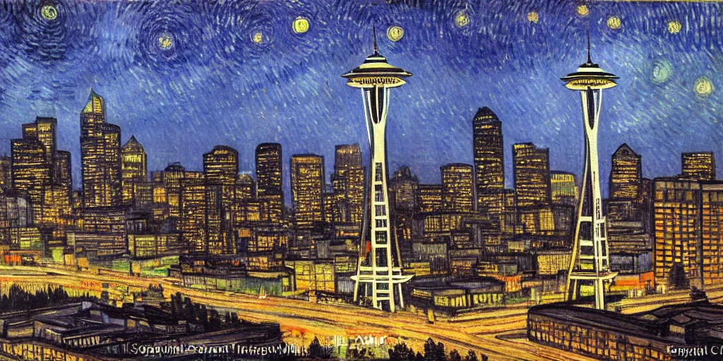 Image similar to downtown Seattle at night, with Space Needle, by VanGogh, detailed