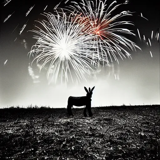 Prompt: “fireworks in the night sky raining down embers and sparks and brightly burning pieces falling from the sky, a pale donkey stands in a field in the darkness. Photography. Flash photo. Cursed image.”