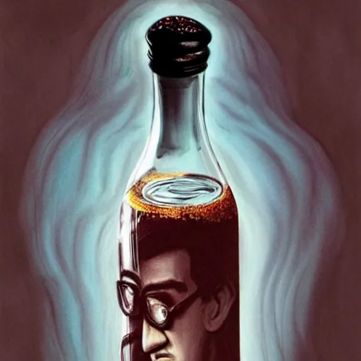 Image similar to Drinking from bottle Nicolas Cage in liquid form, Surrealism, Surreal drawing, Digital art, from artstation, art by Salvador Dali