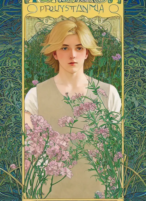 Image similar to book cover, pretty young man with shoulder length blond hair, male, half body shot, flower pattern background, path traced, highly detailed, high quality, digital painting, by studio ghibli and alphonse mucha, leesha hannigan, hidari, art nouveau, chiho aoshima, jules bastien - lepage