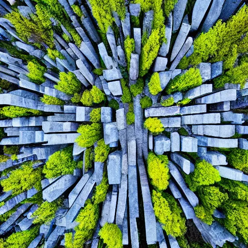 Image similar to a forest of trees made out of stone bricks with blue leaves